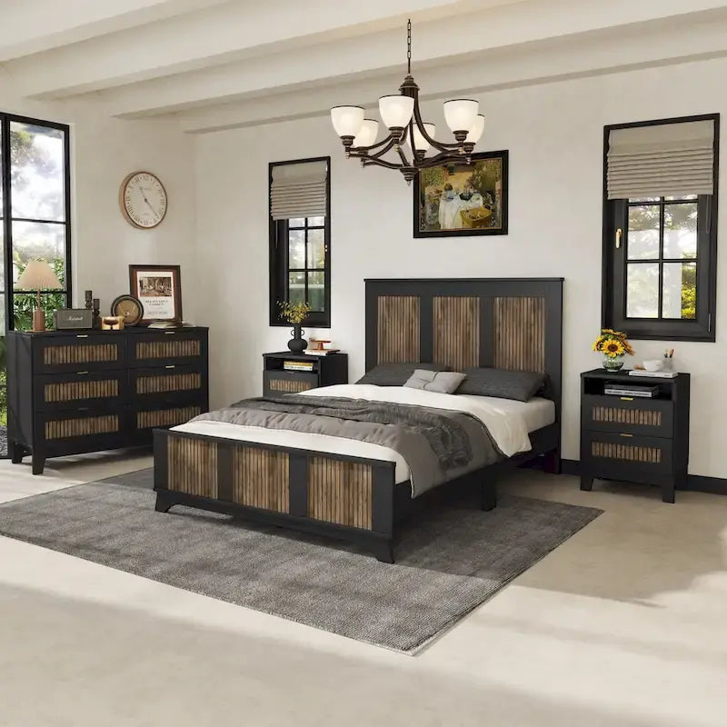 Ensemble de chambre à coucher 4 pièces, lit plateforme de style campagnard pleine grandeur avec décoration en lattes de bois, table de chevet de rangement et commode