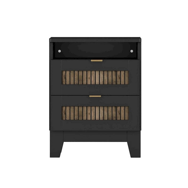 Ensemble de chambre à coucher 4 pièces, lit plateforme de style campagnard pleine grandeur avec décoration en lattes de bois, table de chevet de rangement et commode