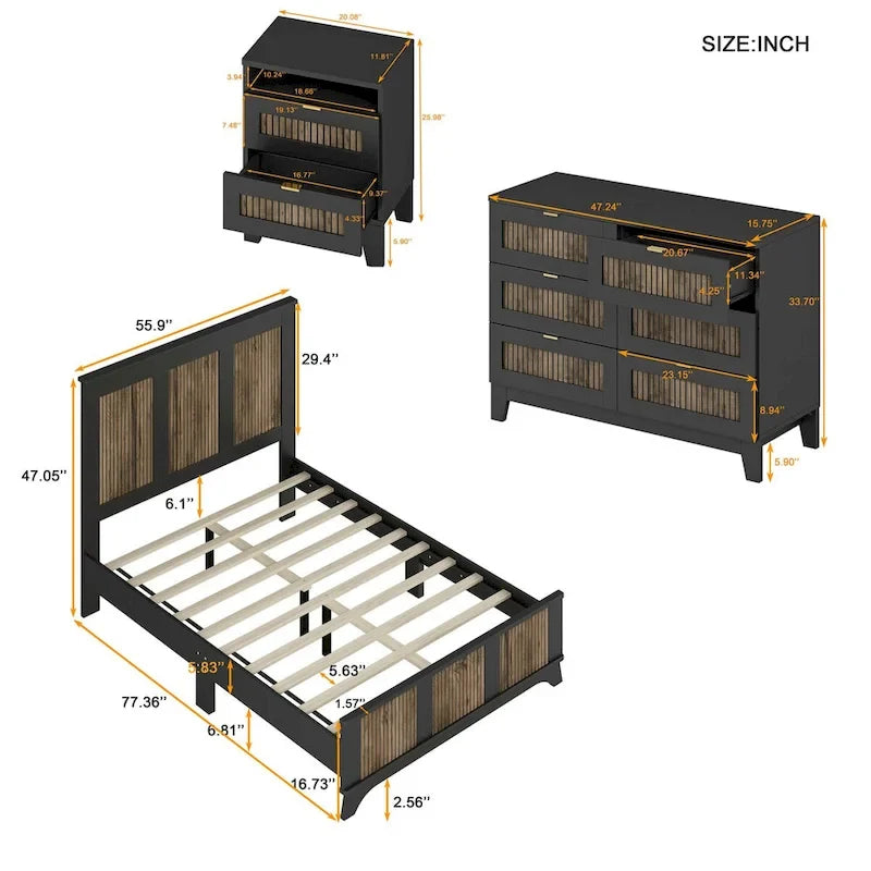 Ensemble de chambre à coucher 4 pièces, lit plateforme de style campagnard pleine grandeur avec décoration en lattes de bois, table de chevet de rangement et commode