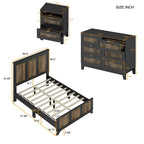 Ensemble de chambre à coucher 4 pièces, lit plateforme de style campagnard pleine grandeur avec décoration en lattes de bois, table de chevet de rangement et commode