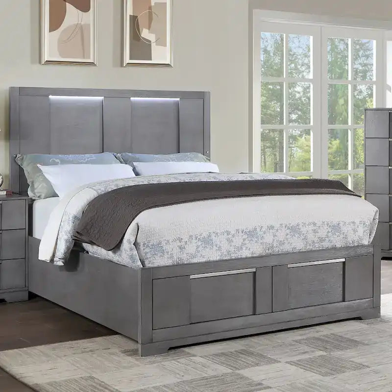 Ensemble de chambre à coucher contemporain 5 pièces Tona de Furniture of America, avec plateforme de rangement en bois gris et éclairage LED