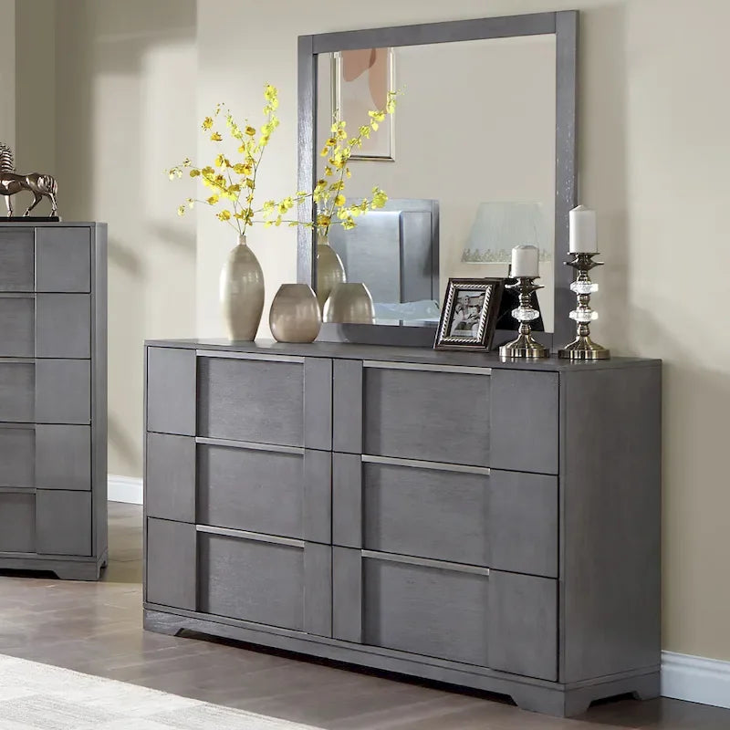 Ensemble de chambre à coucher contemporain 5 pièces Tona de Furniture of America, avec plateforme de rangement en bois gris et éclairage LED