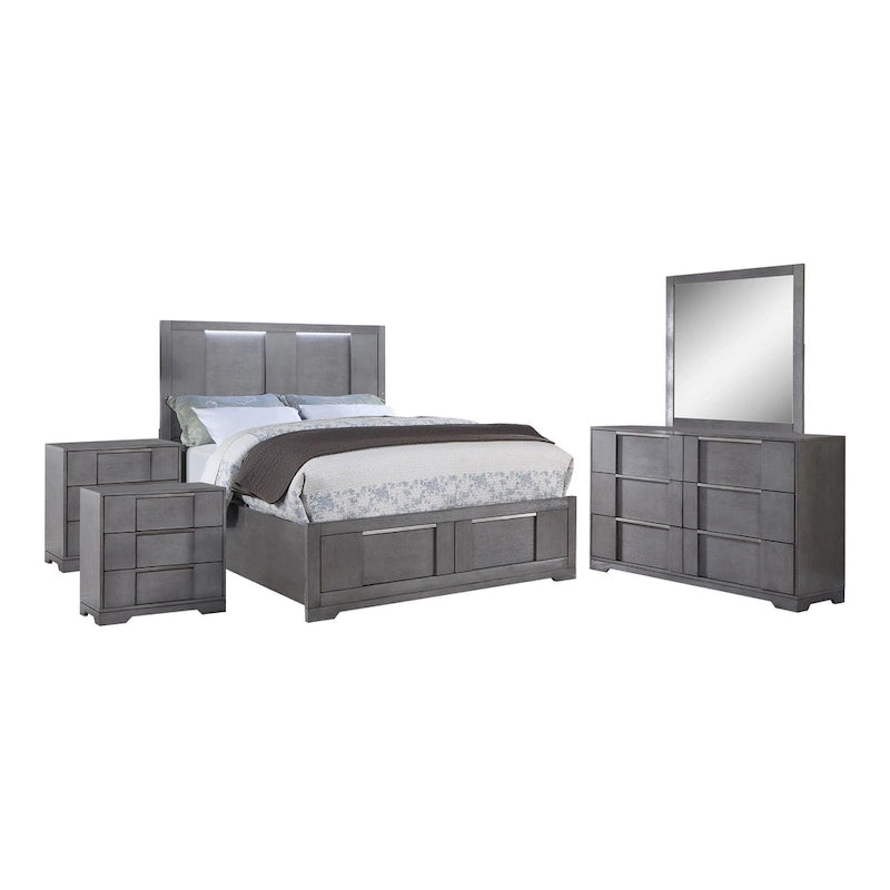 Ensemble de chambre à coucher contemporain 5 pièces Tona de Furniture of America, avec plateforme de rangement en bois gris et éclairage LED