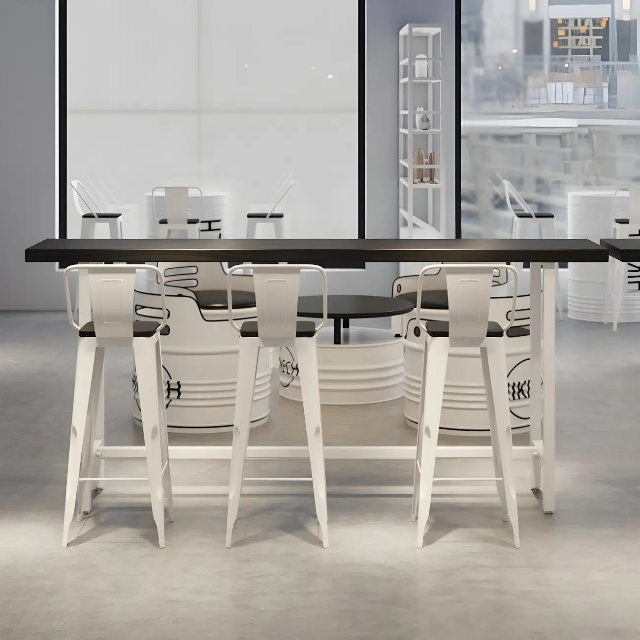 Table de bar industrielle avec plateau en bois noir et piètement en métal