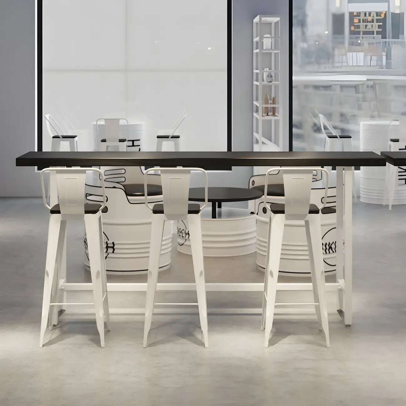 Table de bar industrielle avec plateau en bois noir et piètement en métal