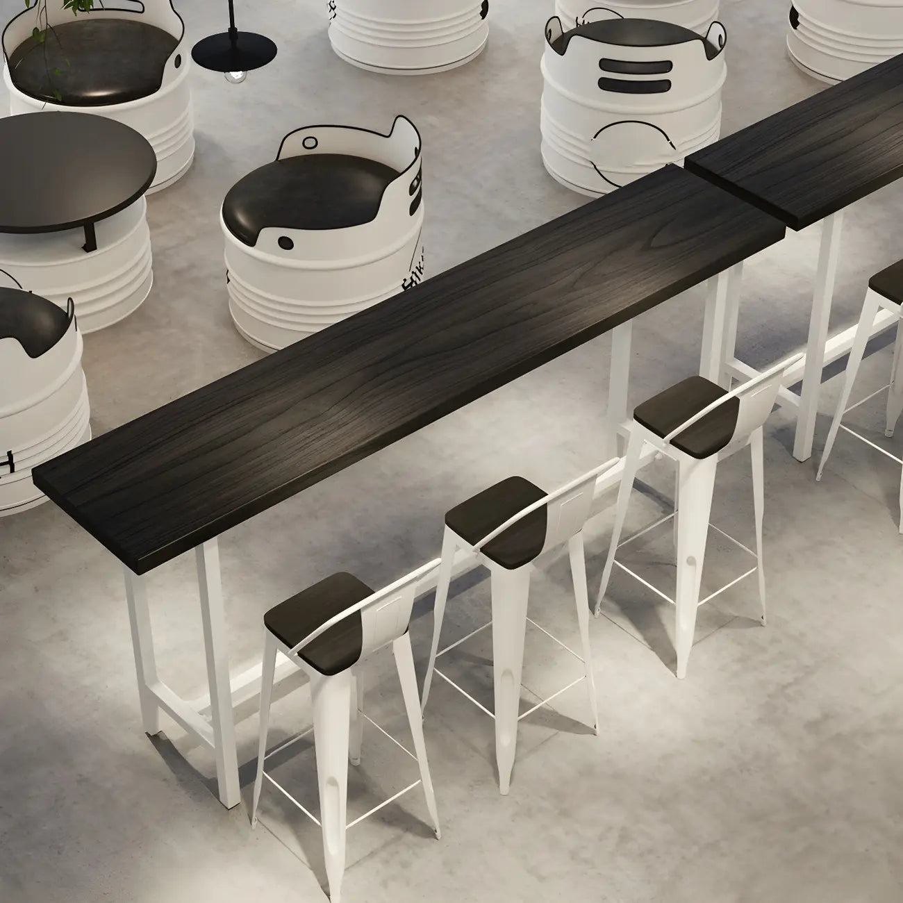 Table de bar industrielle avec plateau en bois noir et piètement en métal