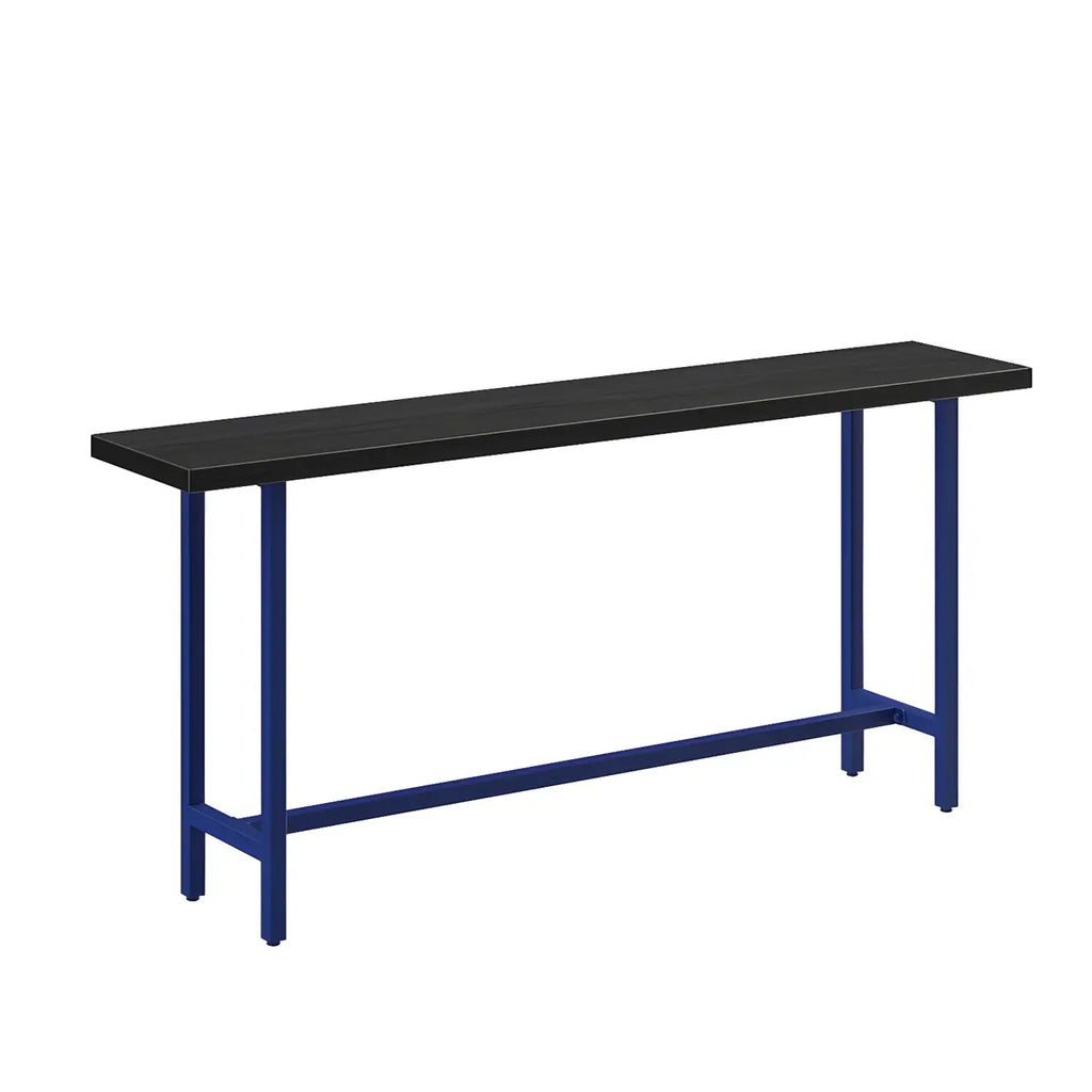 Table de bar industrielle avec plateau en bois noir et piètement en métal
