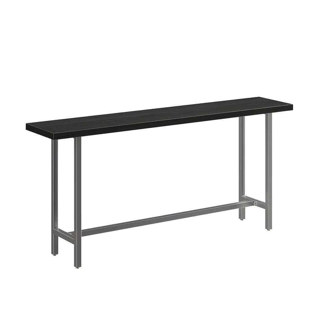 Table de bar industrielle avec plateau en bois noir et piètement en métal