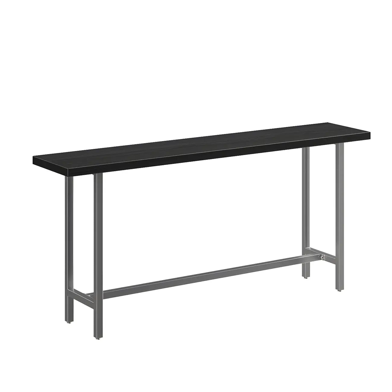 Table de bar industrielle avec plateau en bois noir et piètement en métal