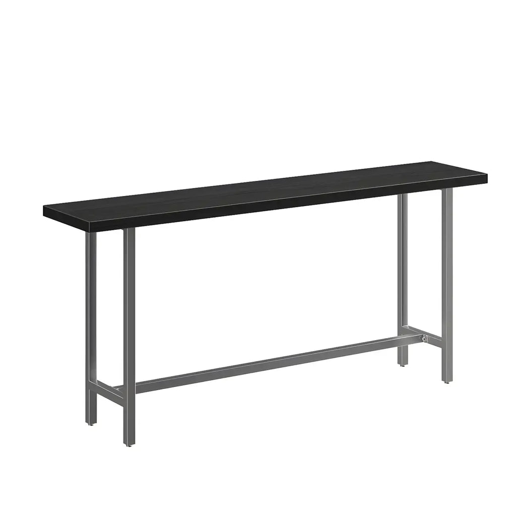 Table de bar industrielle avec plateau en bois noir et piètement en métal