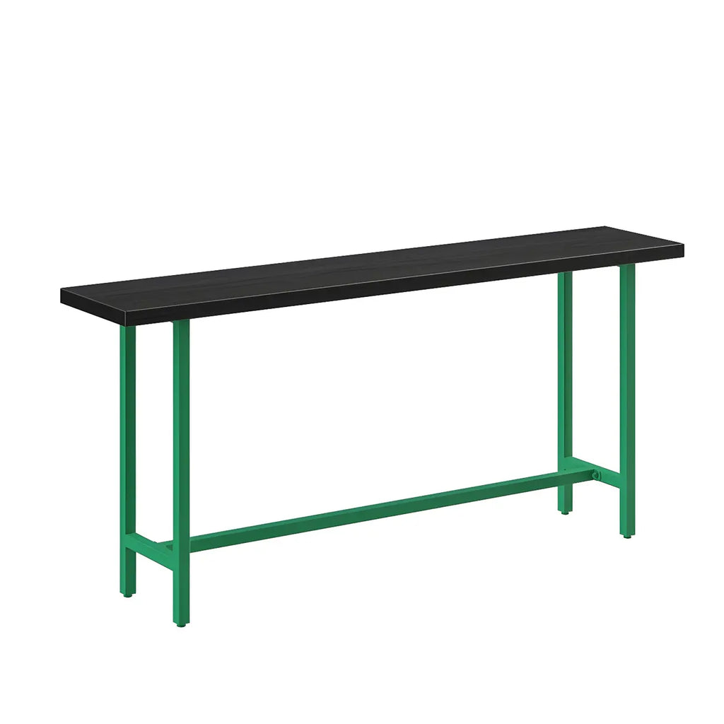 Table de bar industrielle avec plateau en bois noir et piètement en métal