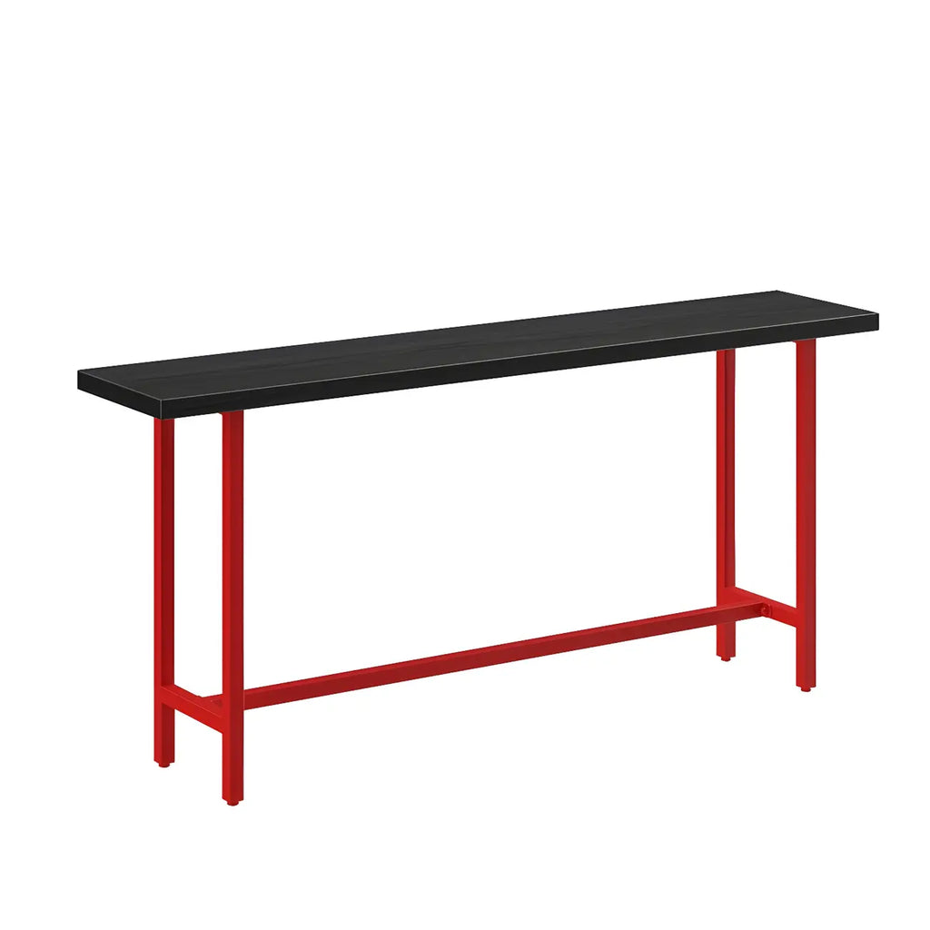 Table de bar industrielle avec plateau en bois noir et piètement en métal