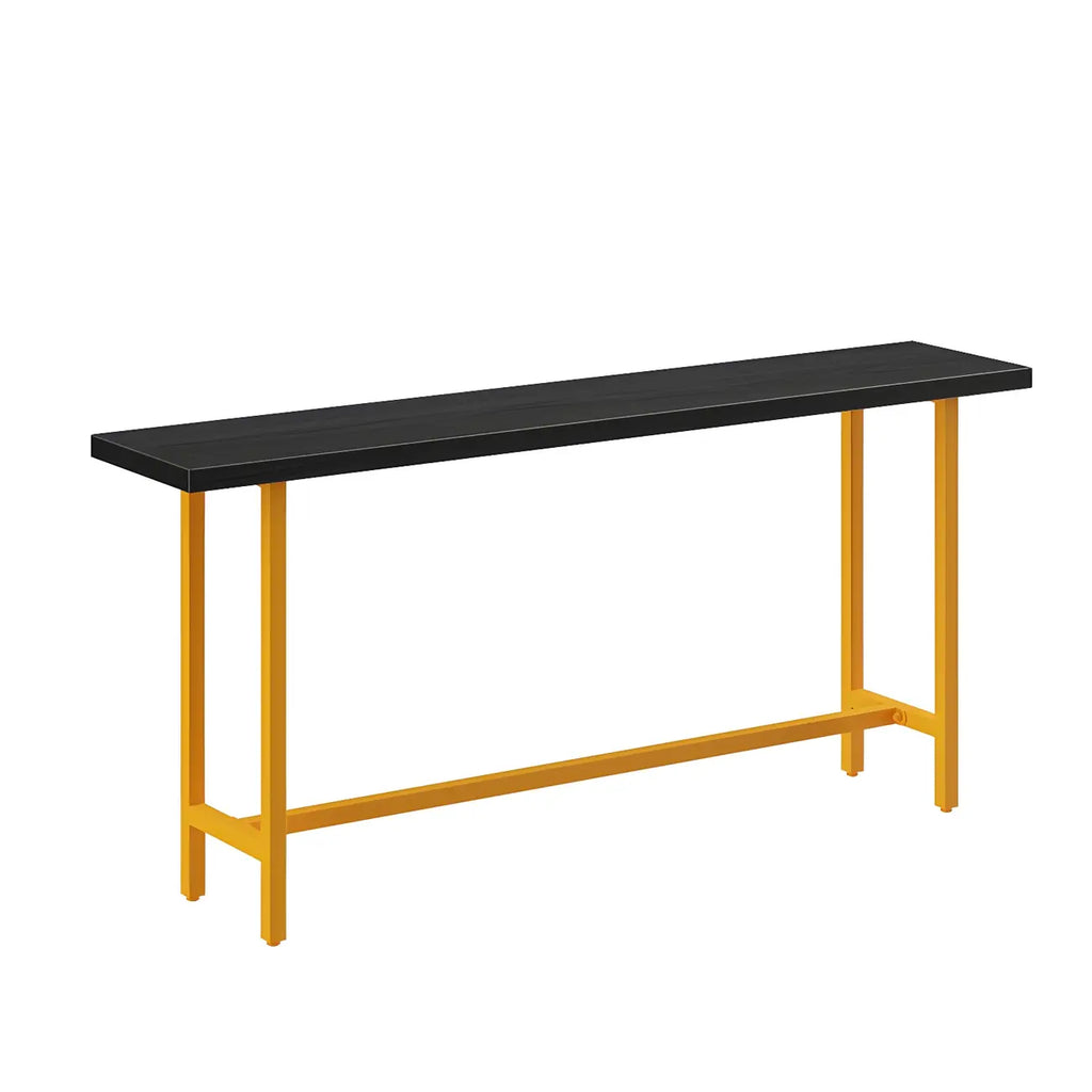 Table de bar industrielle avec plateau en bois noir et piètement en métal