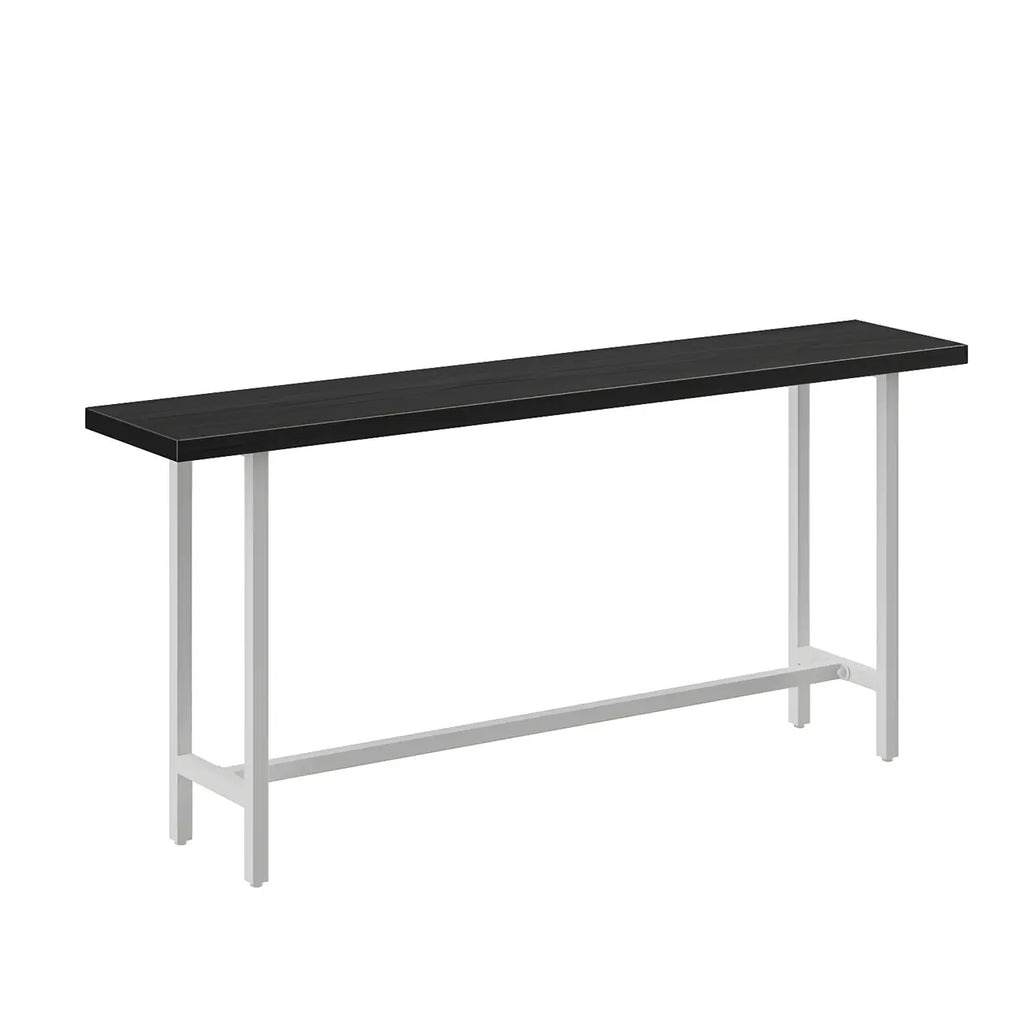 Table de bar industrielle avec plateau en bois noir et piètement en métal