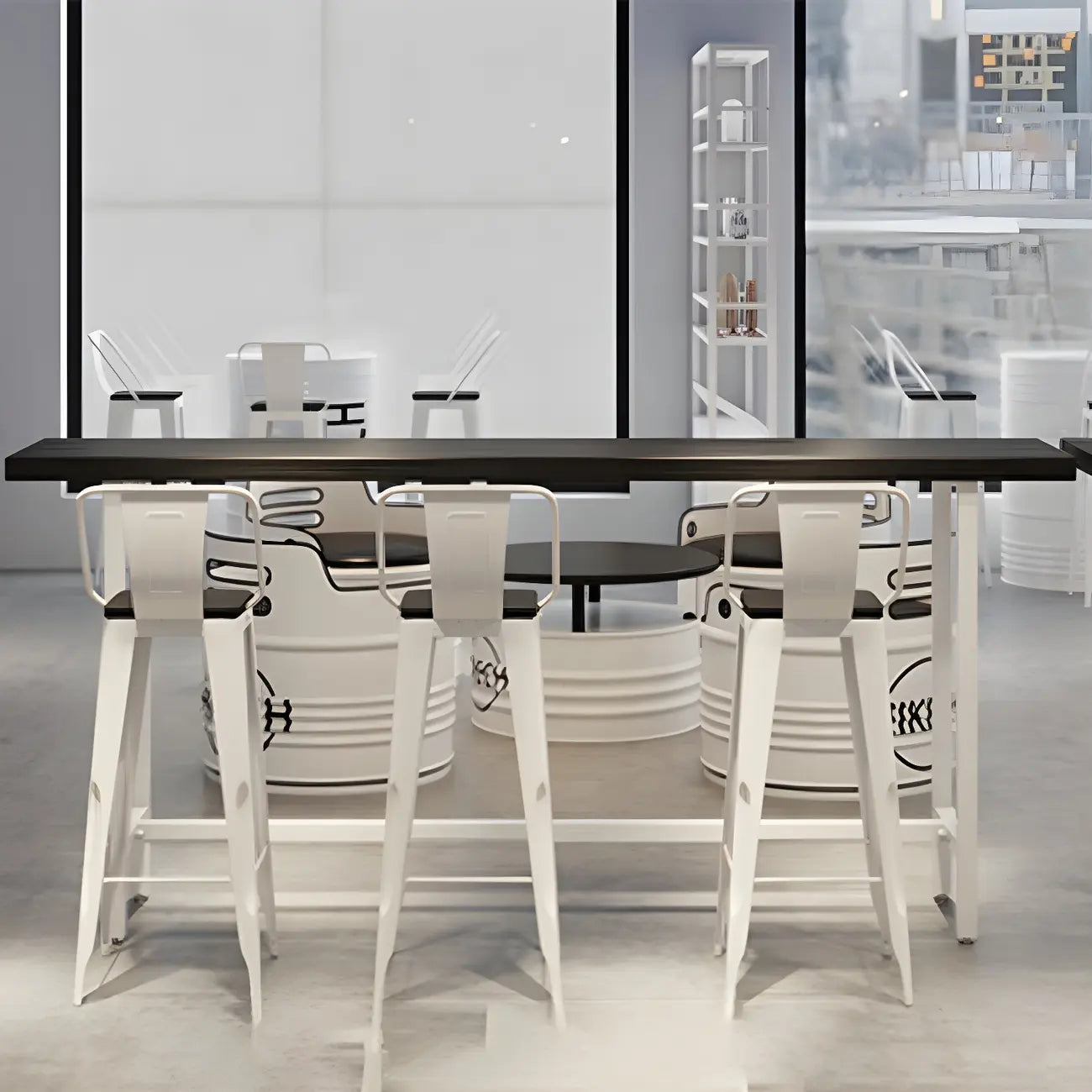 Table de bar industrielle avec plateau en bois noir et piètement en métal