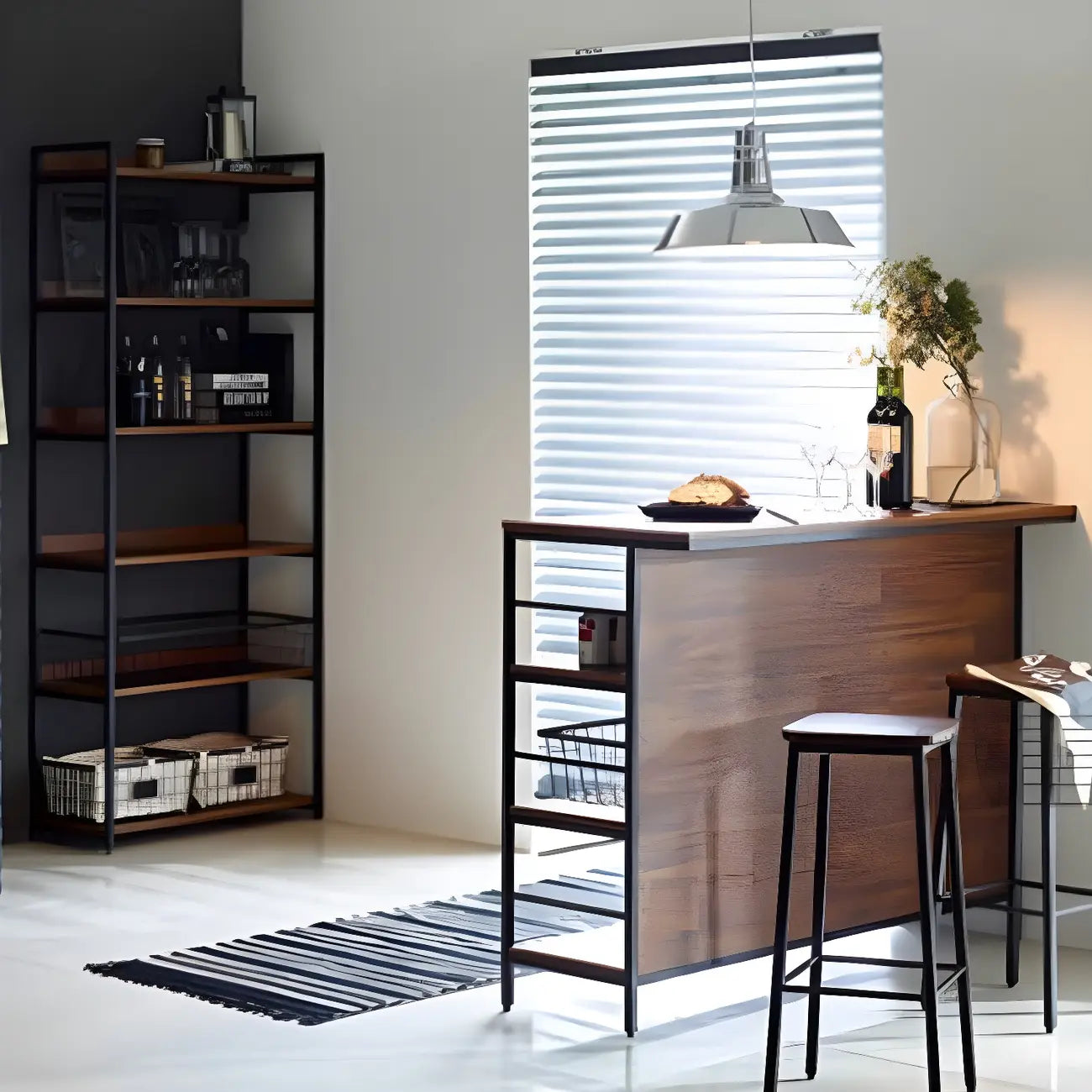 Tables de bar industrielles en bois brun à 3 niveaux avec étagère arrière