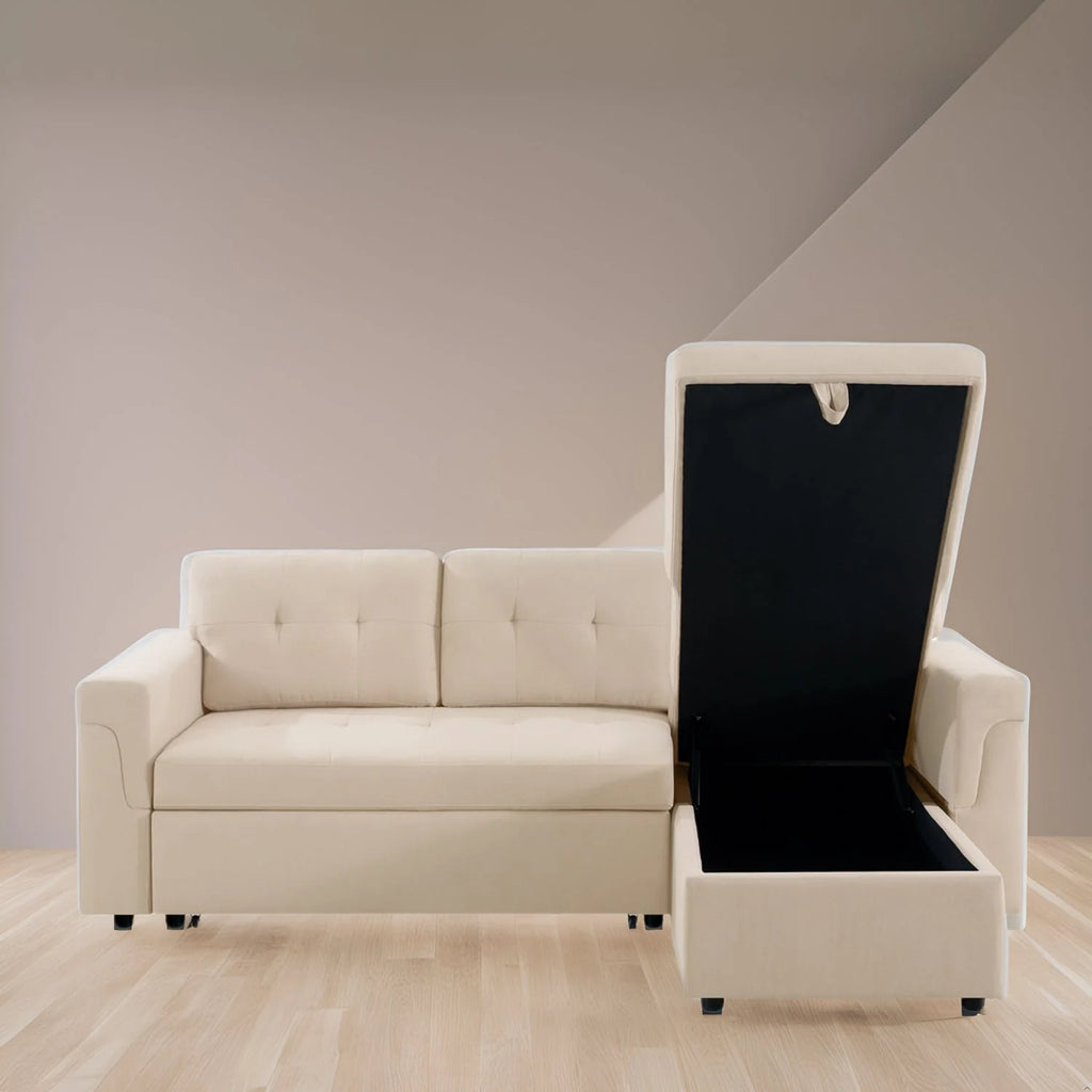 Canapé d'angle convertible et réversible avec lit gigogne, méridienne de rangement dissimulée et pieds robustes.