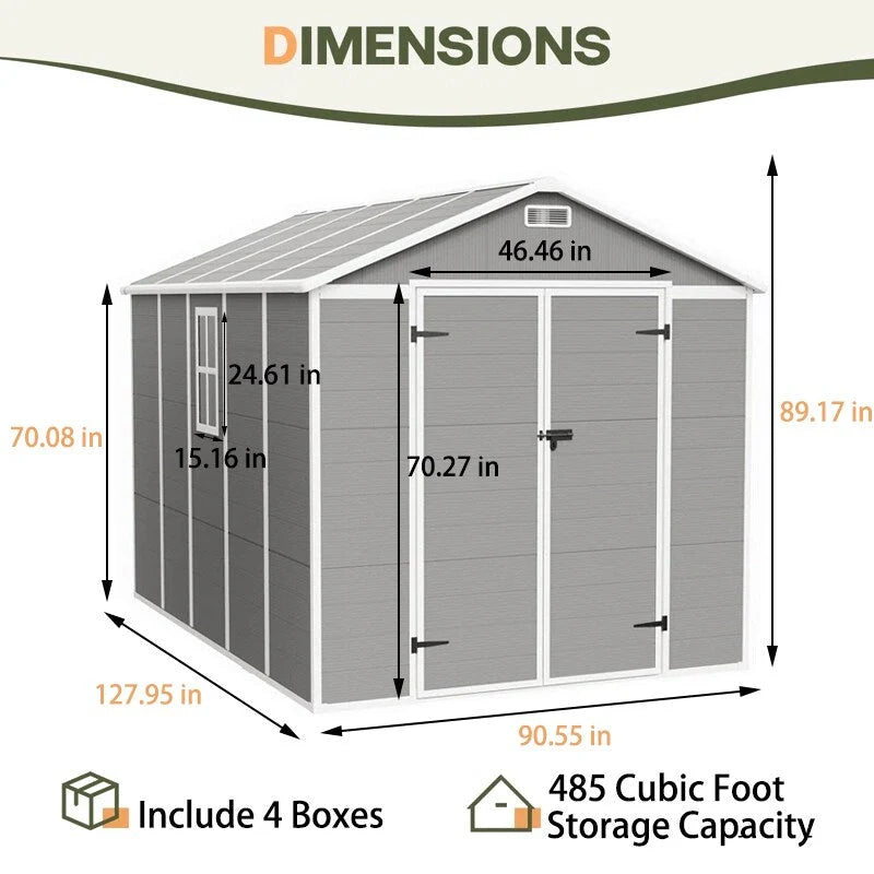 Abri de jardin en résine plastique tout temps avec plancher, dimensions : 1,83 m x 1,22 m / 1,83 m x 2,44 m / 2,44 m x 1,83 m / 2,44 m x 3,05 m.