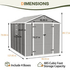 Abri de jardin en résine plastique tout temps avec plancher, dimensions : 1,83 m x 1,22 m / 1,83 m x 2,44 m / 2,44 m x 1,83 m / 2,44 m x 3,05 m.