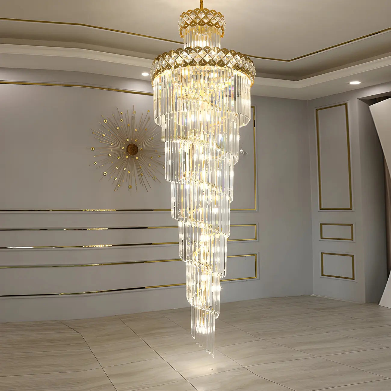 Luxueux lustre à cristaux LED en spirale à plusieurs niveaux