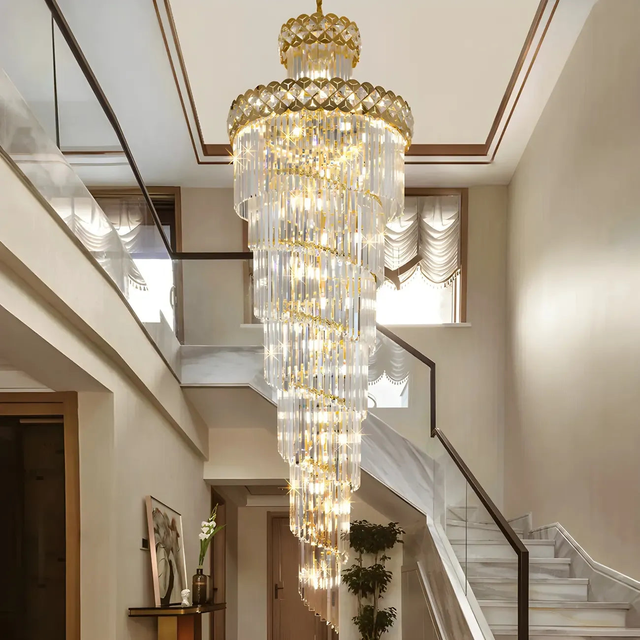 Luxueux lustre à cristaux LED en spirale à plusieurs niveaux