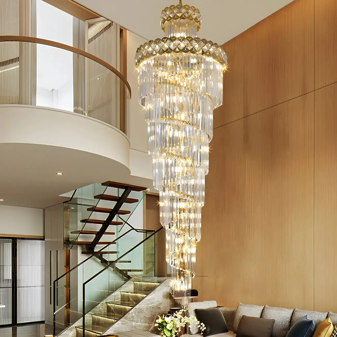 Luxueux lustre à cristaux LED en spirale à plusieurs niveaux