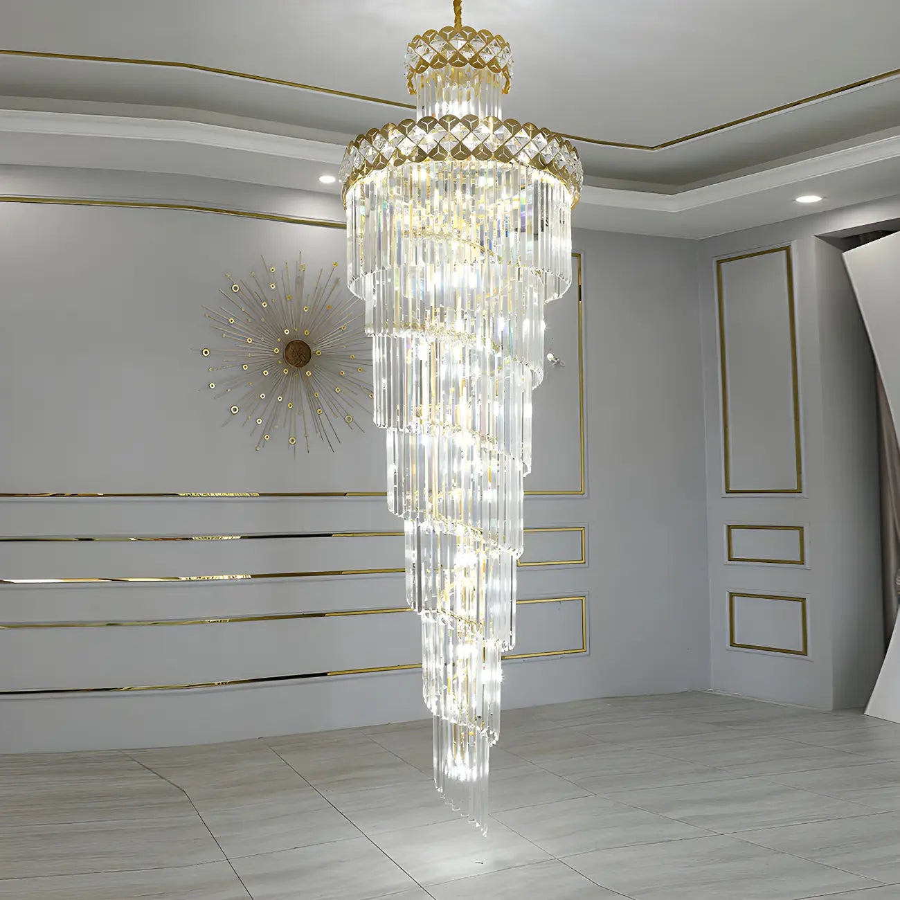 Luxueux lustre à cristaux LED en spirale à plusieurs niveaux