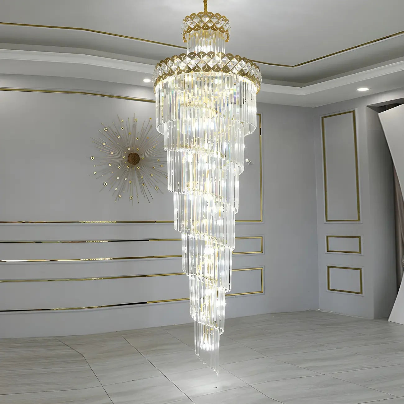 Luxueux lustre à cristaux LED en spirale à plusieurs niveaux