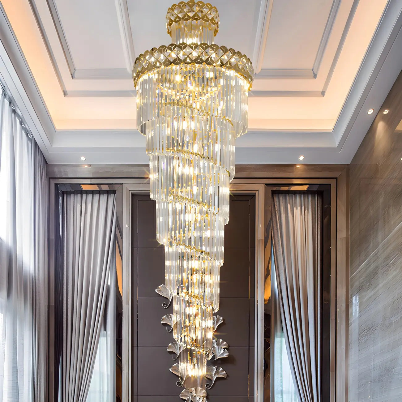 Luxueux lustre à cristaux LED en spirale à plusieurs niveaux