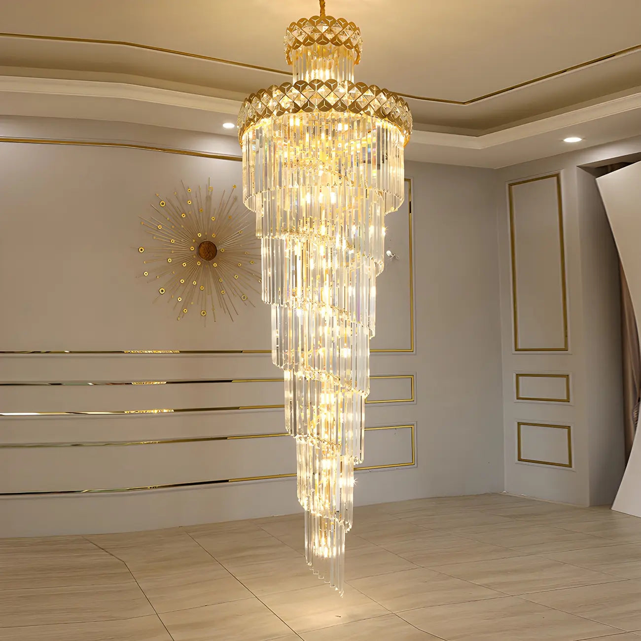 Luxueux lustre à cristaux LED en spirale à plusieurs niveaux
