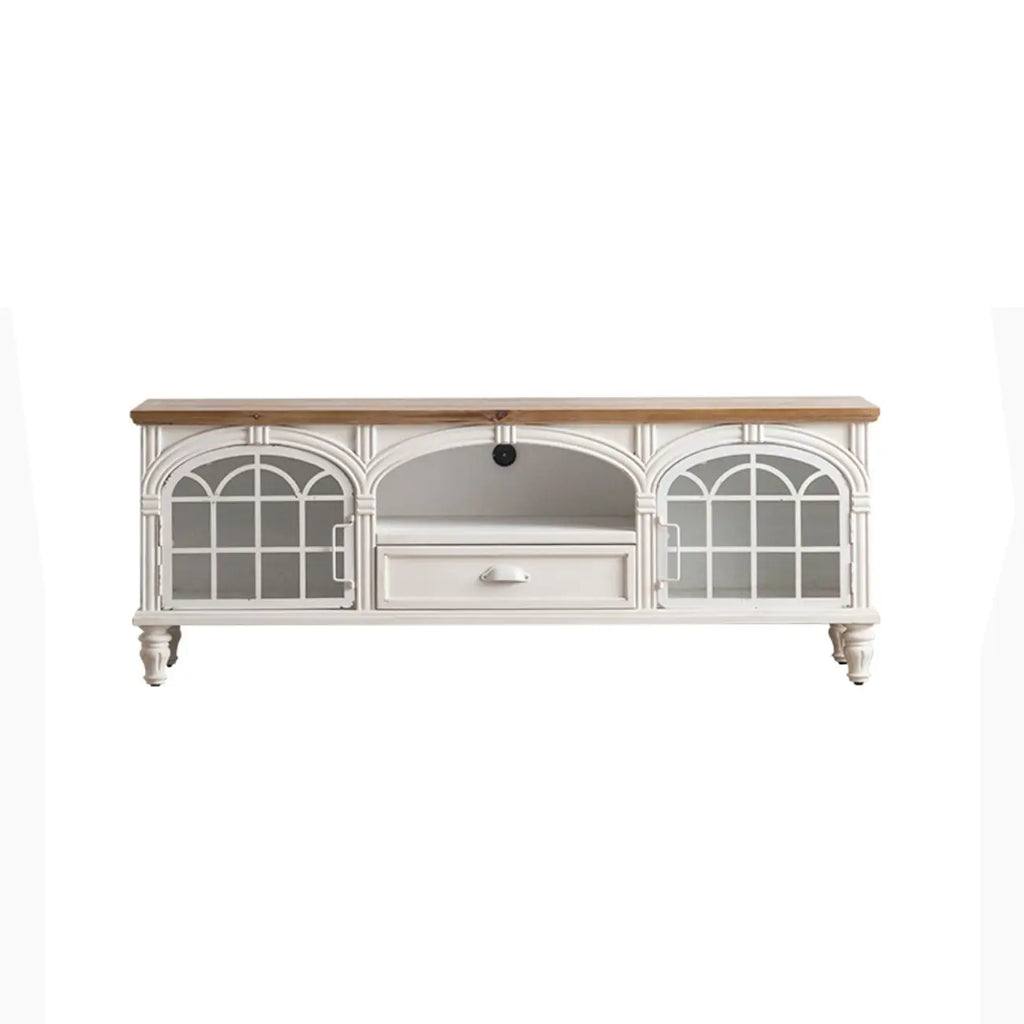 Mobile TV 59" in legno bianco ad arco, stile Country francese, con spazio contenitore