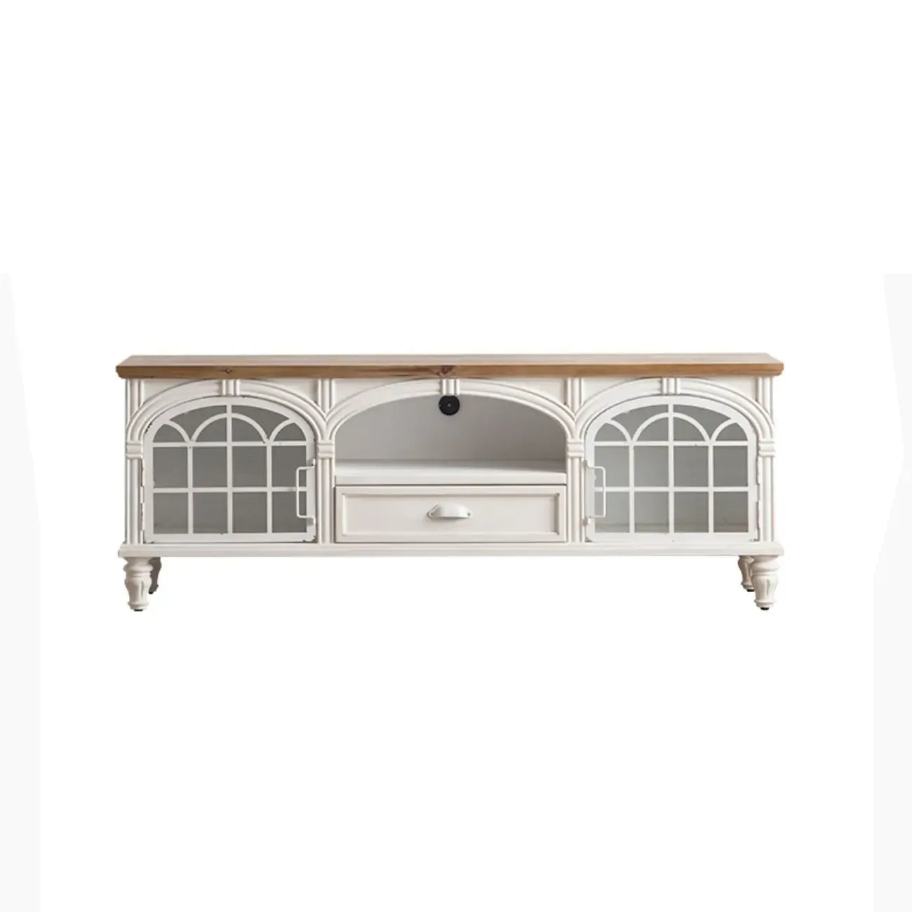 Mobile TV 59" in legno bianco ad arco, stile Country francese, con spazio contenitore