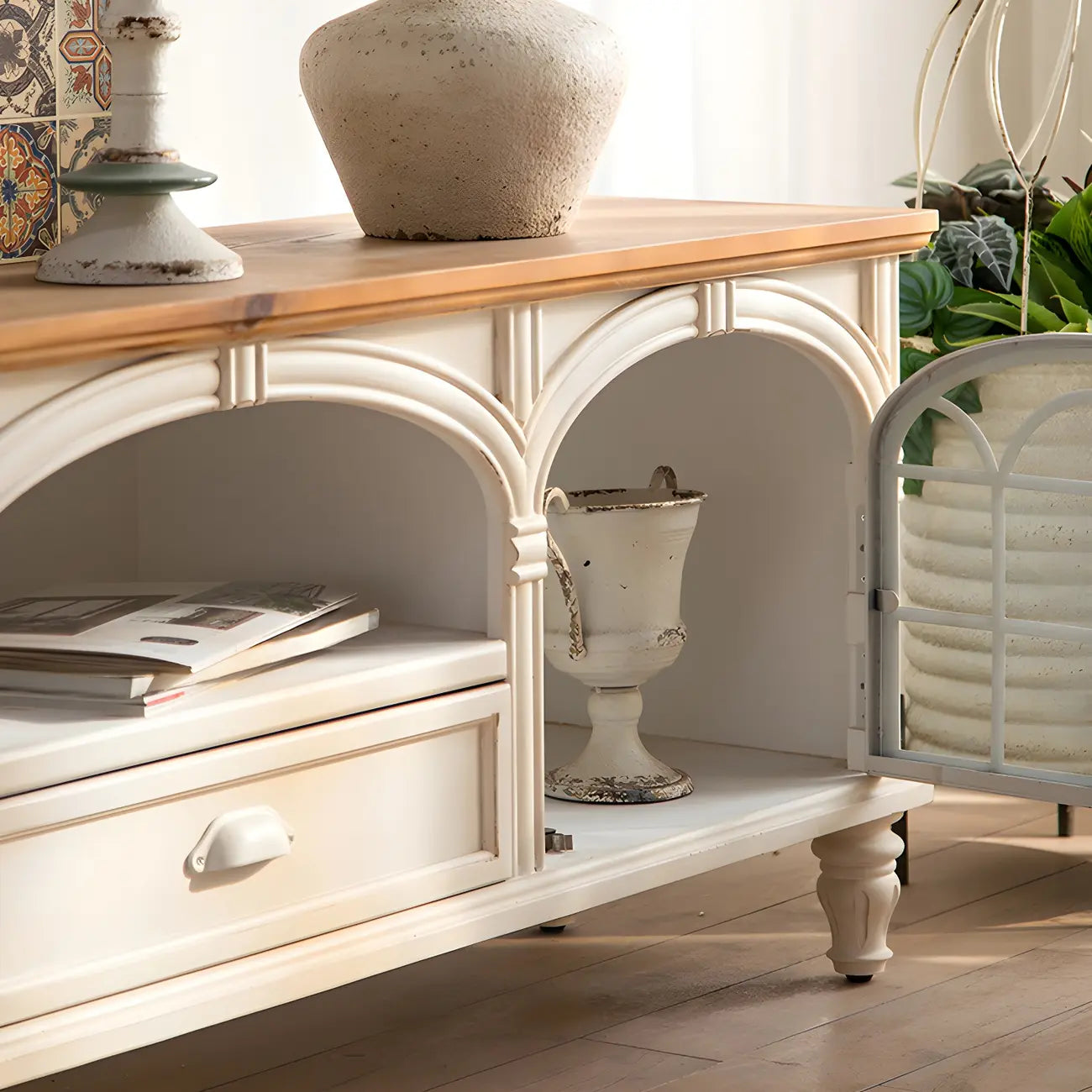 Mobile TV 59" in legno bianco ad arco, stile Country francese, con spazio contenitore