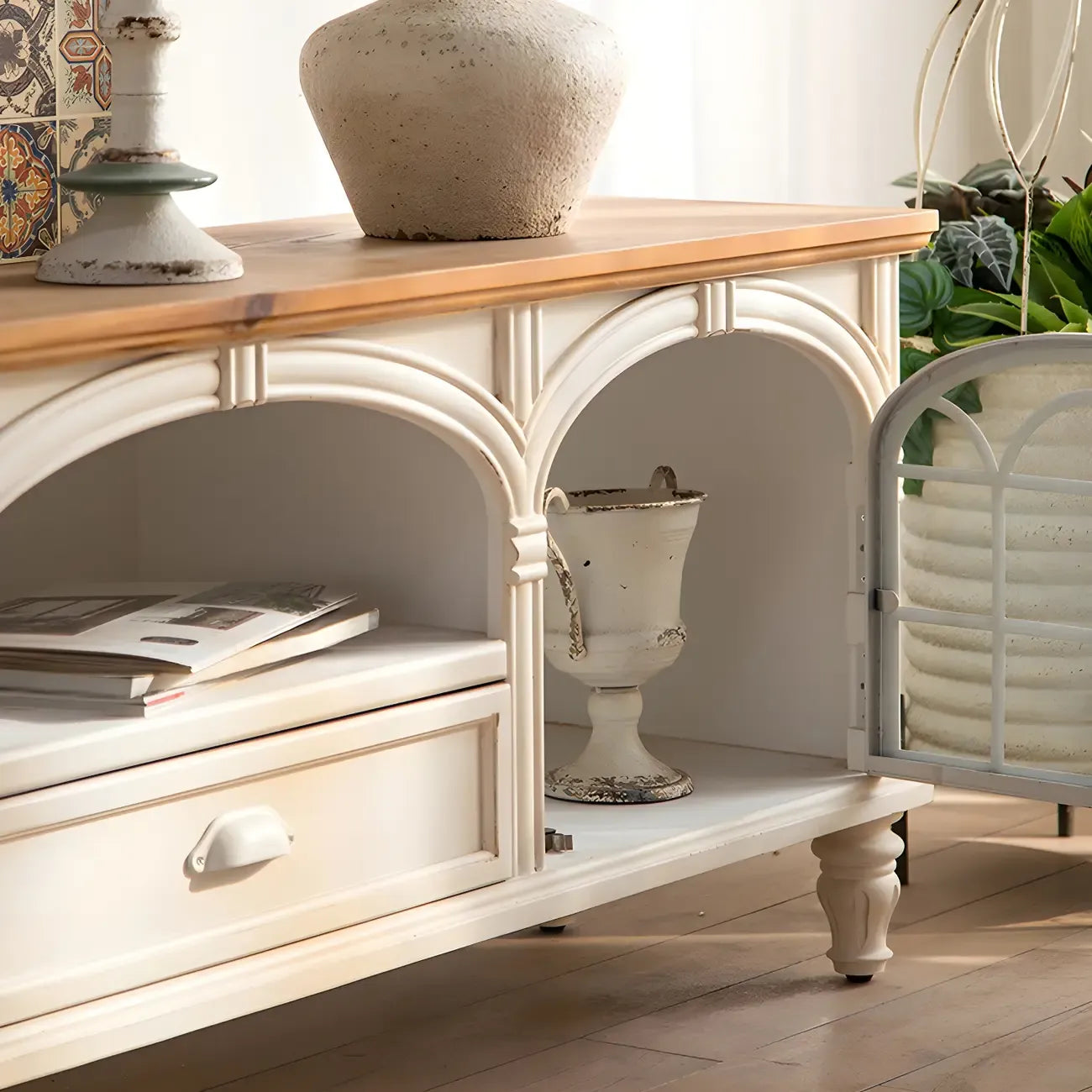 Mobile TV 59" in legno bianco ad arco, stile Country francese, con spazio contenitore