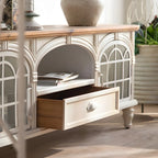 Mobile TV 59" in legno bianco ad arco, stile Country francese, con spazio contenitore