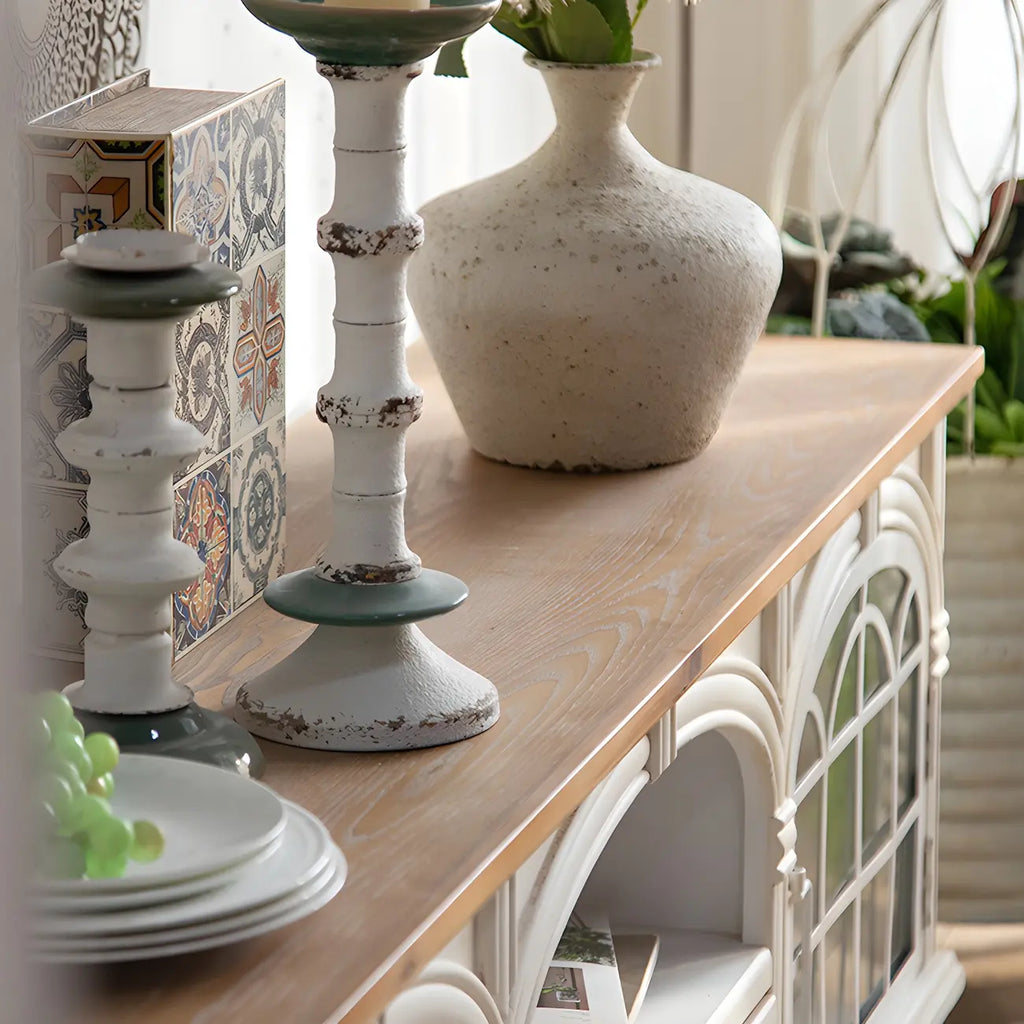 Mobile TV 59" in legno bianco ad arco, stile Country francese, con spazio contenitore