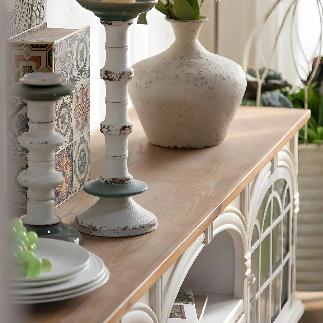 Mobile TV 59" in legno bianco ad arco, stile Country francese, con spazio contenitore