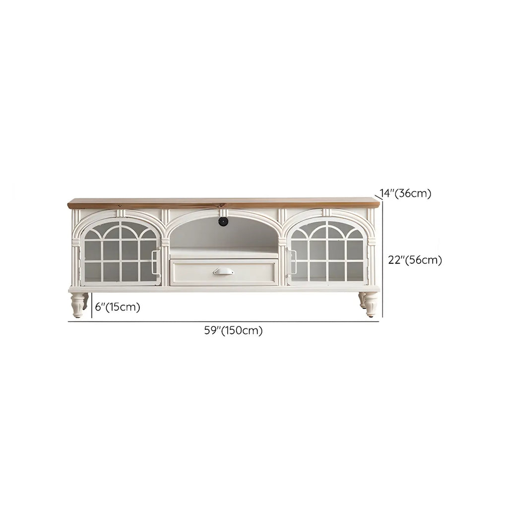 Mobile TV 59" in legno bianco ad arco, stile Country francese, con spazio contenitore