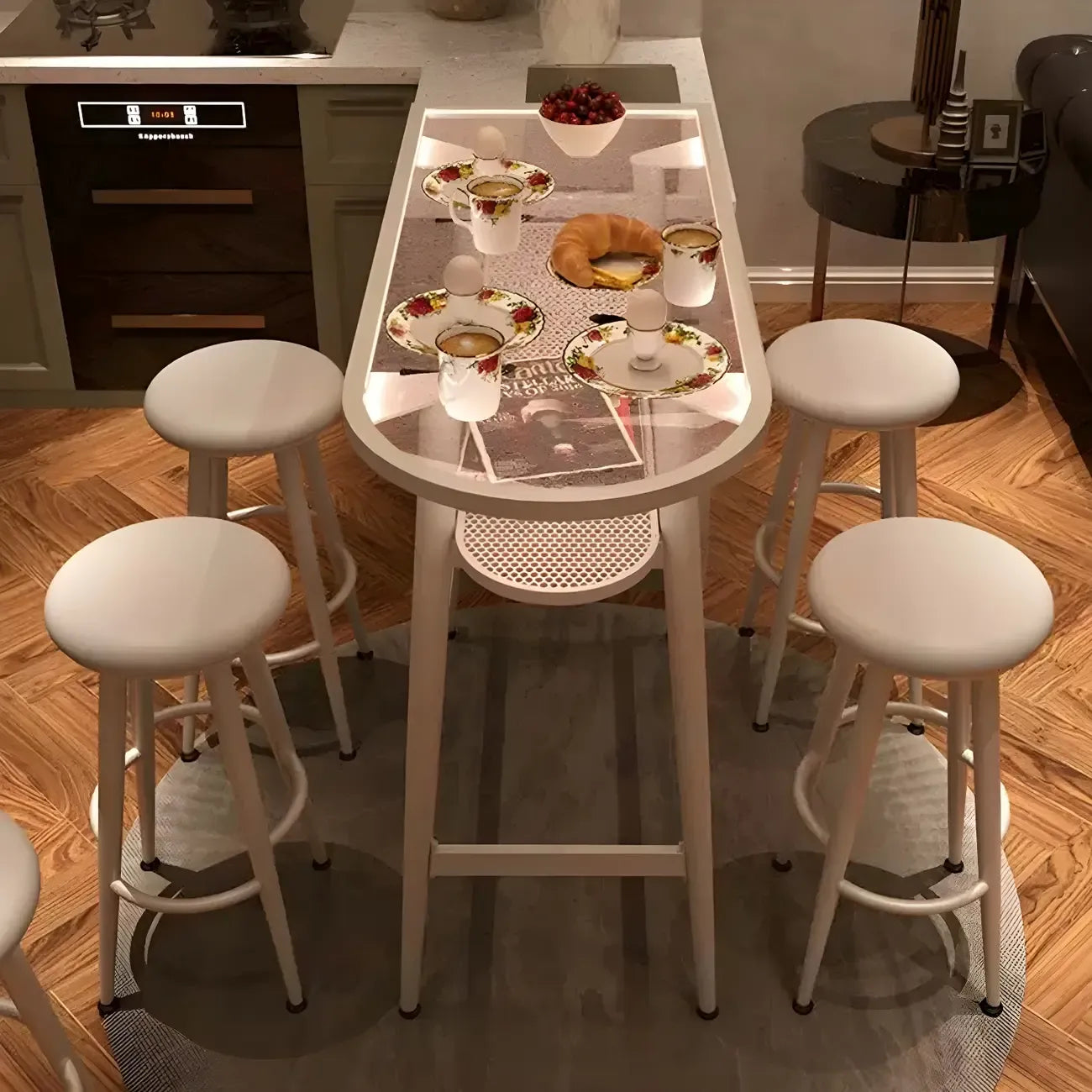 Tables de bar compactes en verre transparent et métal doré avec étagère, forme libre