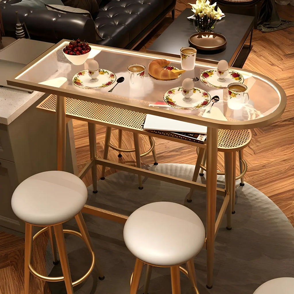 Tables de bar compactes en verre transparent et métal doré avec étagère, forme libre