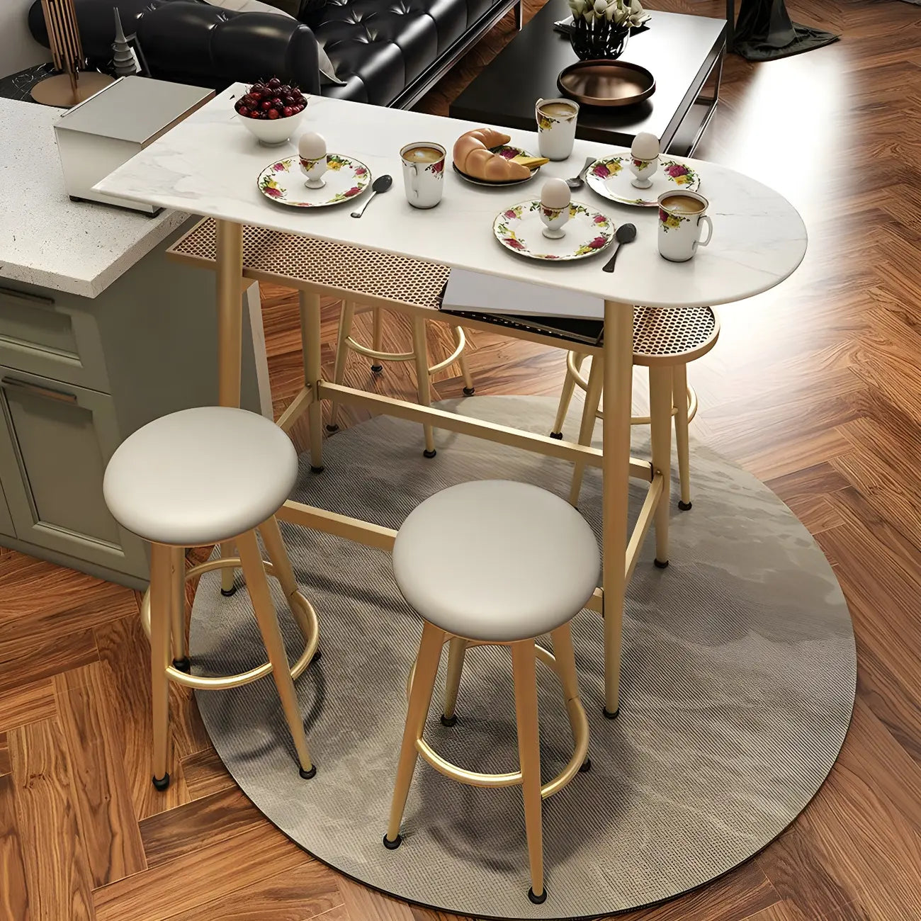 Tables de bar compactes en verre transparent et métal doré avec étagère, forme libre