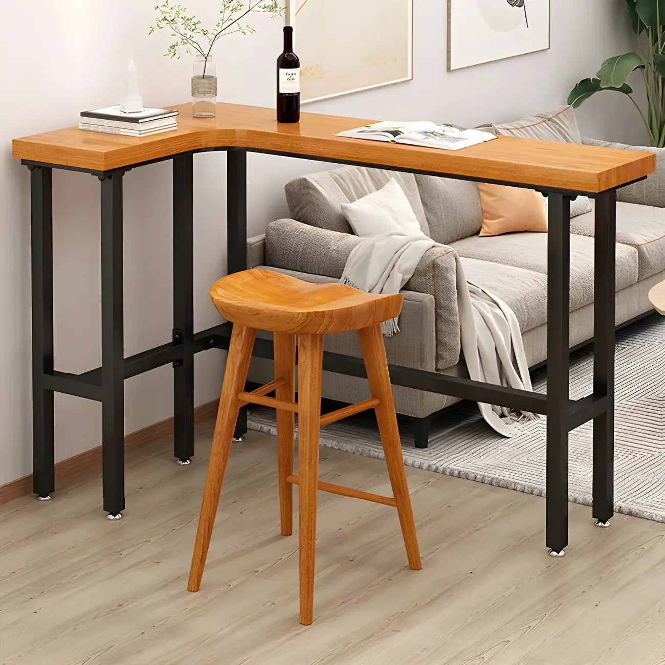 Tables de bar modernes en forme de L, en bois naturel et métal, avec tréteaux