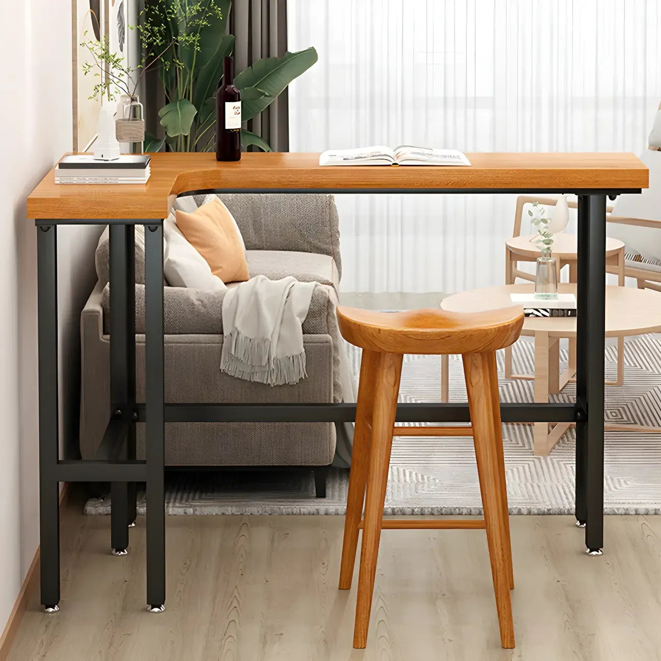 Tables de bar modernes en forme de L, en bois naturel et métal, avec tréteaux