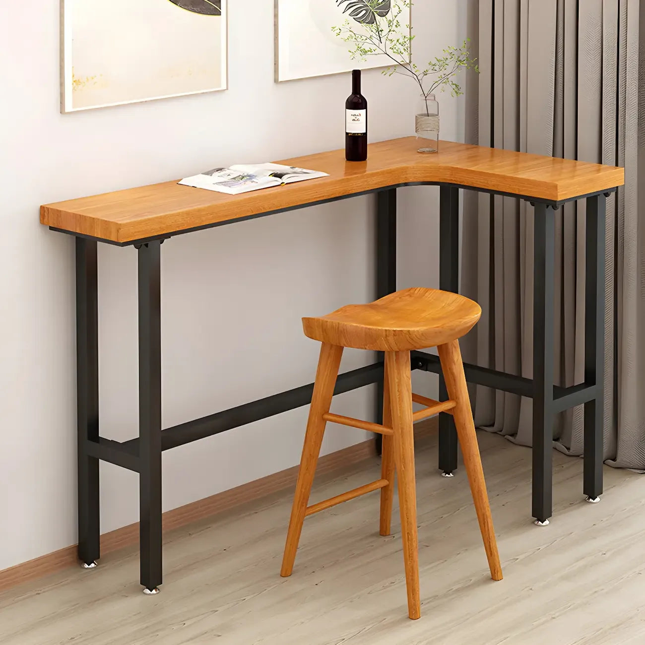 Tables de bar modernes en forme de L, en bois naturel et métal, avec tréteaux