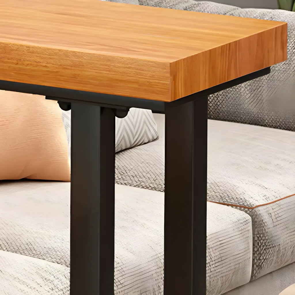 Tables de bar modernes en forme de L, en bois naturel et métal, avec tréteaux