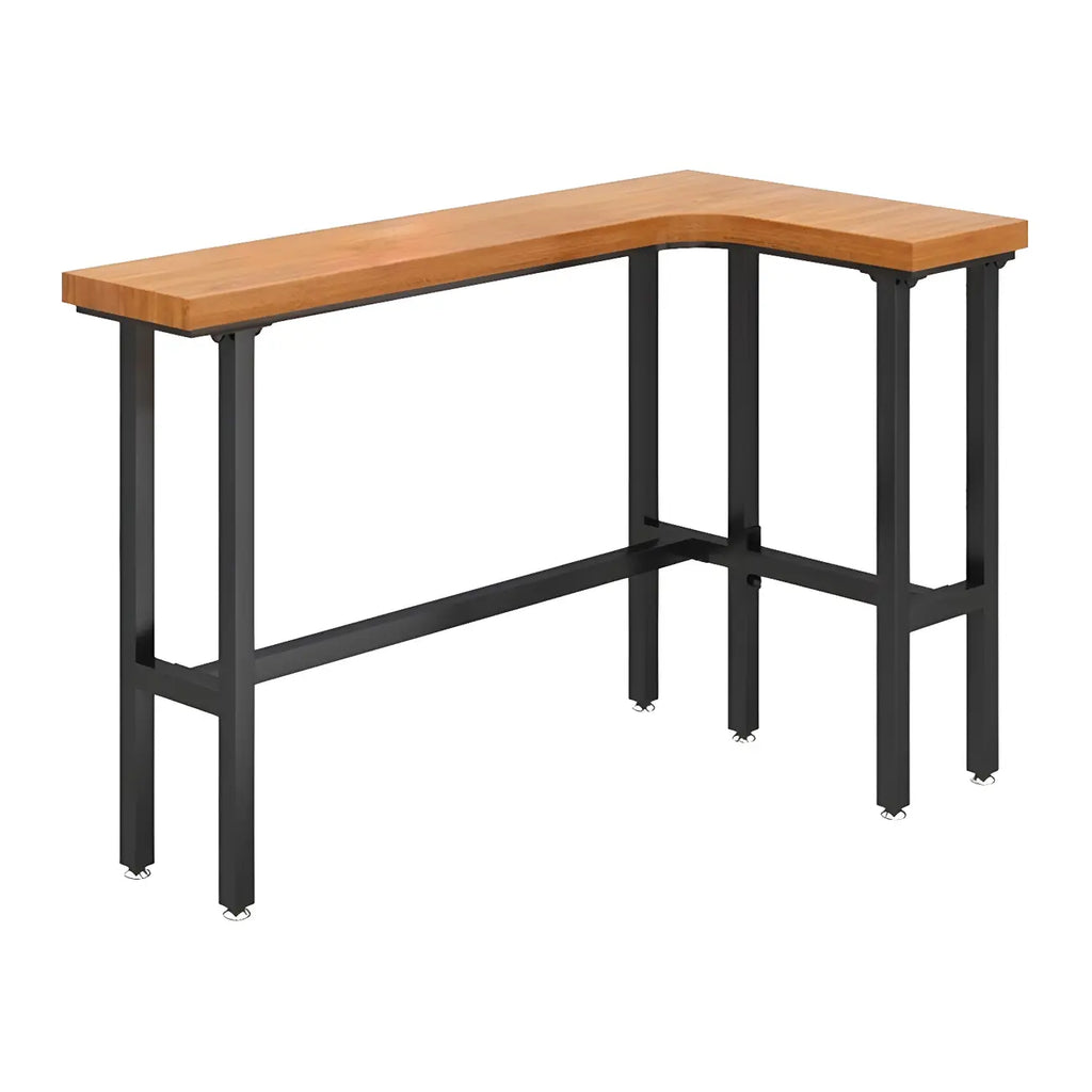 Tables de bar modernes en forme de L, en bois naturel et métal, avec tréteaux