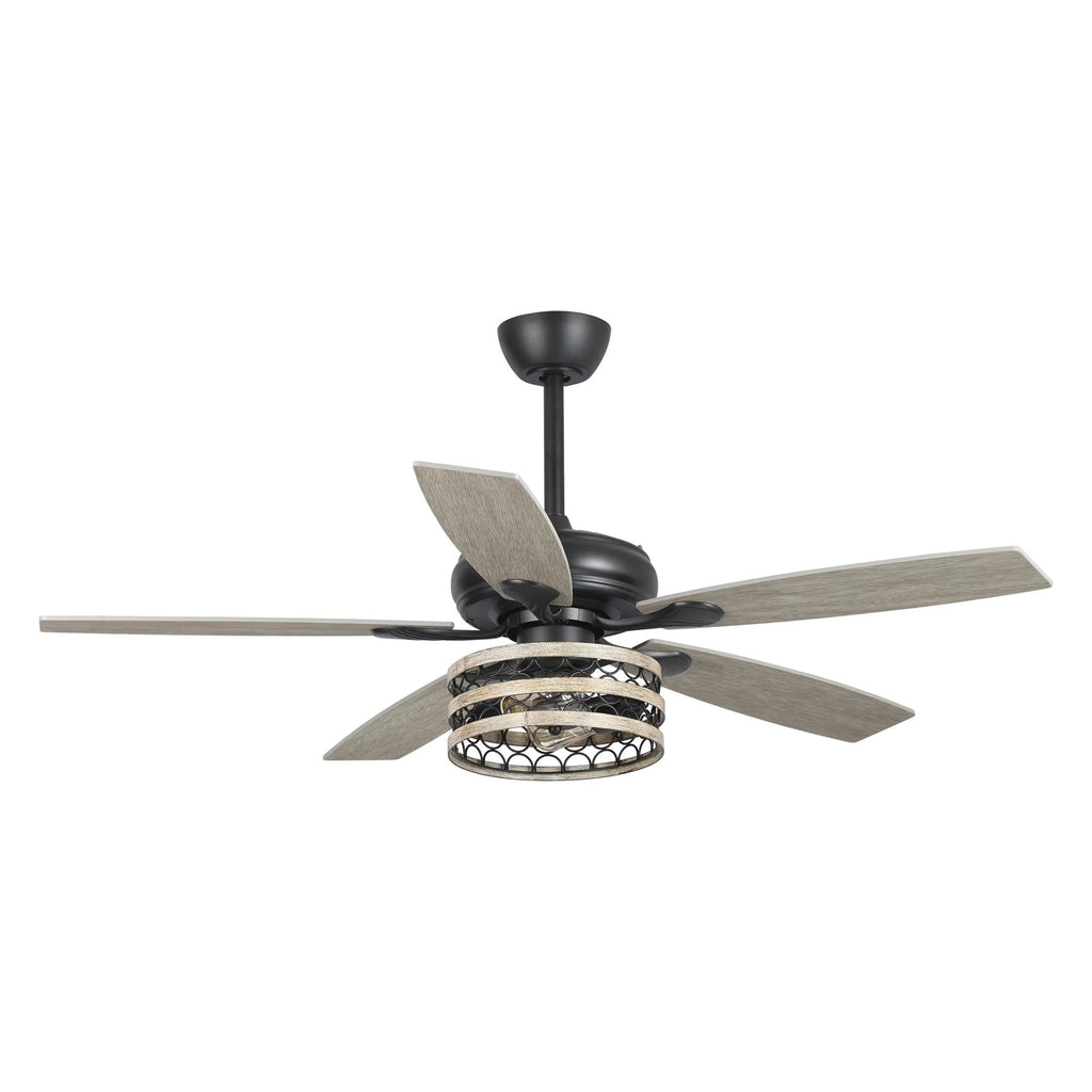 Ventilateur de plafond 5 pales noir à cage, style ferme, avec télécommande
