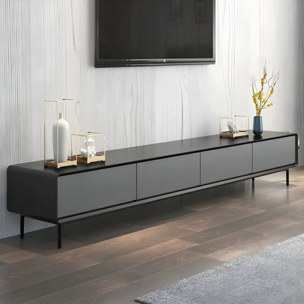 Meuble TV élégant en bois gris à 4 tiroirs, long et avec pieds
