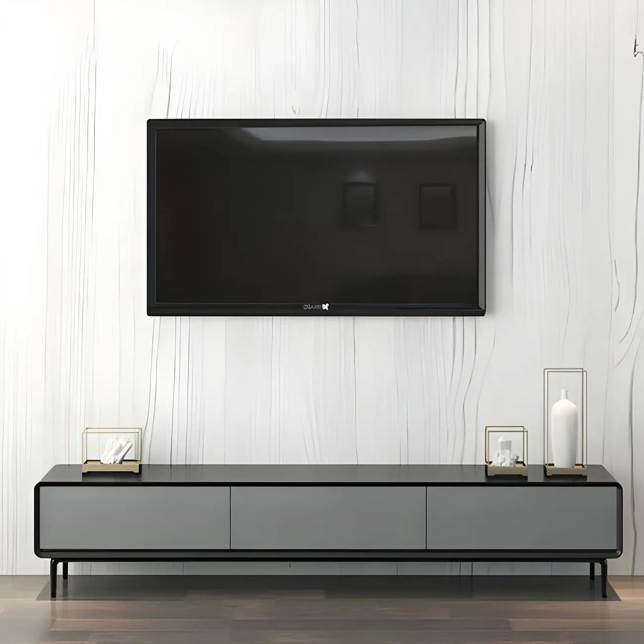 Meuble TV élégant en bois gris à 4 tiroirs, long et avec pieds