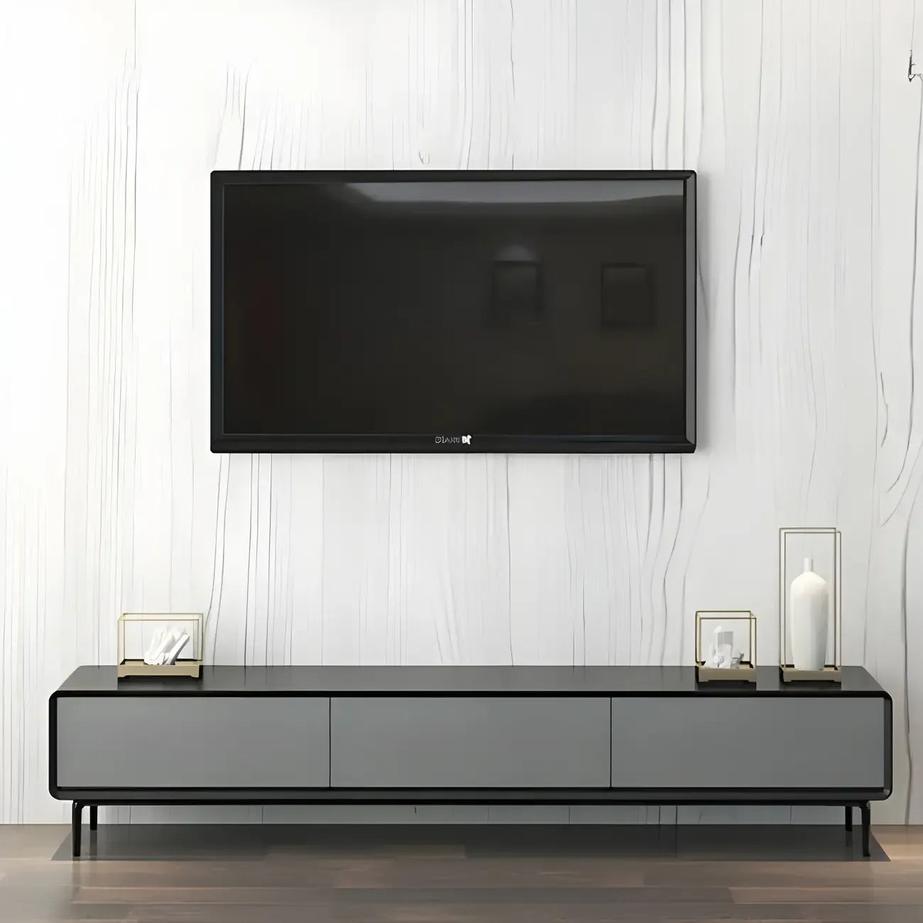 Meuble TV élégant en bois gris à 4 tiroirs, long et avec pieds